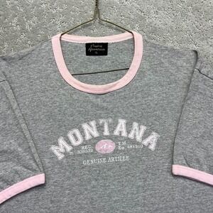 VINTAGE 90s Prairie‎ Mountain Montana Ringer Ringer T-Shirt Gray Pink Single USA